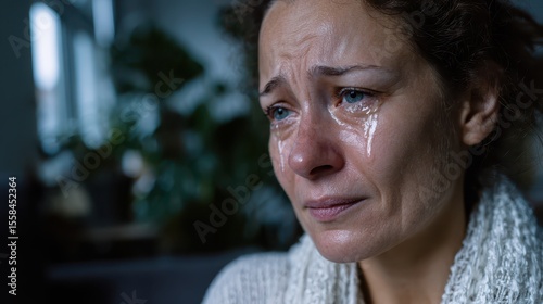 A woman is visibly distressed, sobbing with tears streaming down her face. She is surrounded by a moody environment, reflecting her inner turmoil and grief in a private moment