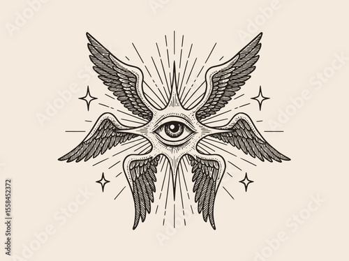 Winged eye seraphim engraving style vector illustration