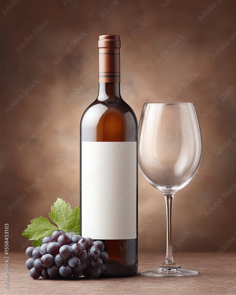 Obraz premium Elegant Wine Still Life: Bottle, Glass, and Grapes on a Table with a Brown Backdrop.