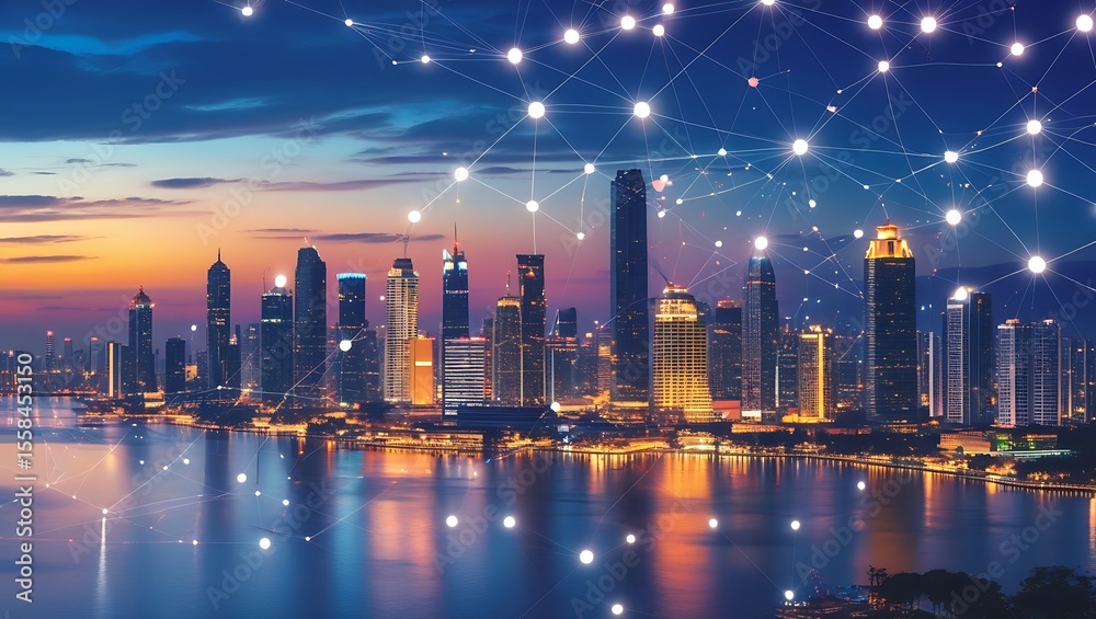 Fototapeta premium Illuminated Cityscape at Dusk with Network Overlay Reflected in Water