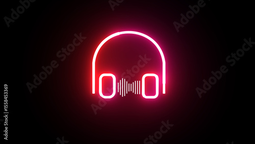 Glowing red neon audio headphones icon with dynamic audio visual effects. sound wave visuals
