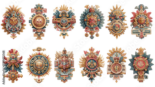 Intricate Aztec-inspired badge ornaments with symbolic patterns, sun motifs, and tribal elements in earthy tones. Great for cultural designs or ancient decorations.

