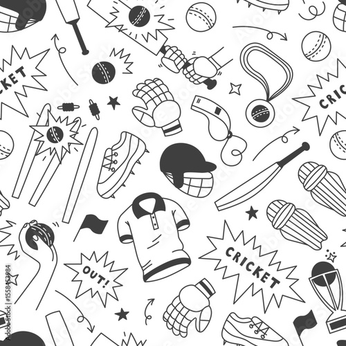 Cricket Doodle Seamless Pattern. Sports Game Gear background with falling equipment and uniform in hand drawn comic style. Action Motion Play. Repeat vector illustration