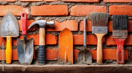 Brick wall construction with neatly arranged masonry tools, showcasing craftsmanship and precision in texture.