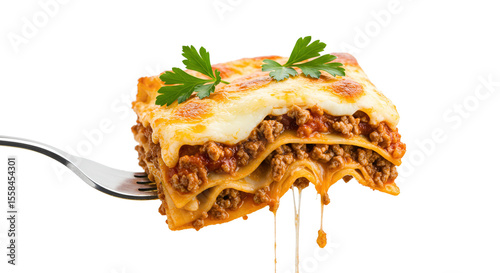 Appetizing lasagna slice on a fork with a transparent background, showcasing layers of pasta, meat sauce, and cheese, garnished with parsley.