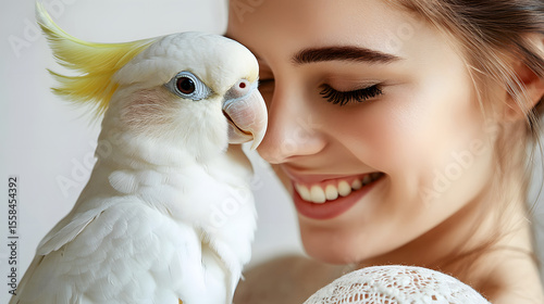 A beautiful woman smiling with her Sulphur-crested Cockatoo. Exotic birds as pets.
