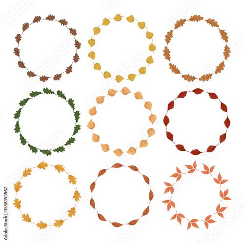Autumn leaves circle frame. Hello autumn. Space for text. Set vector seasonal frame isolated on white background.