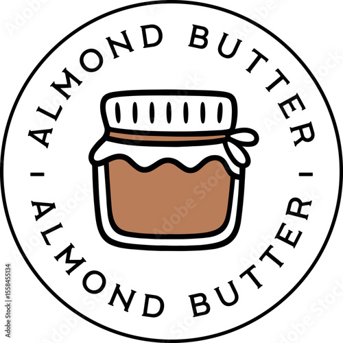 Almond butter logo natural homemade aesthetic nut flavor spread round circular badge sticker quality stamp label tag. Retro vintage cute jar organic packaging minimal illustration text design clipart.