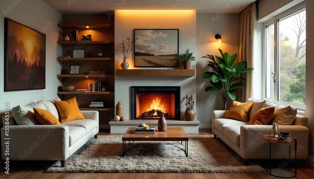 Fototapeta premium Cozy Fireplace Living Room Warm Lighting, Comfortable Furniture, Perfect for Relaxation and Family Gatherings