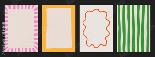 A trendy collection of vector frames and backgrounds with hand-drawn borders, abstract wavy lines retro-inspired patterns. Frames in playful colors. For invitations, posters, social media templates