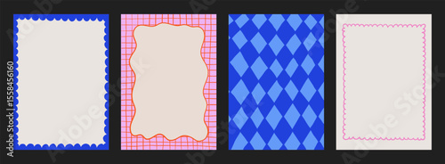 A trendy collection of vector frames and backgrounds with hand-drawn borders, abstract wavy lines retro-inspired patterns. Frames in playful colors. For invitations, posters, social media templates