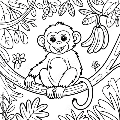 A monkey sitting in tree brunch coloring page