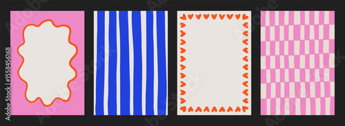 A trendy collection of vector frames and backgrounds with hand-drawn borders, abstract wavy lines retro-inspired patterns. Frames in playful colors. For invitations, posters, social media templates