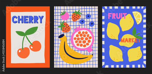 Bold and playful set of vector fruit posters with hand-drawn illustrations and vibrant retro colors. For kitchen prints, branding, food packaging, café menus, kids’ decor, posters