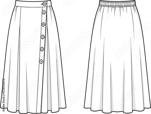 Women's midi skirt fashion design, button-down and elastic waist style, flat sketch, technical drawing, vector illustration, garment blueprint