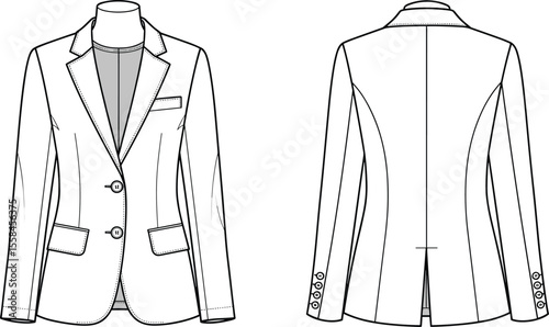 Women's blazer flat sketch, fashion CAD drawing with front and back view, tailored fit, vector template, technical illustration design