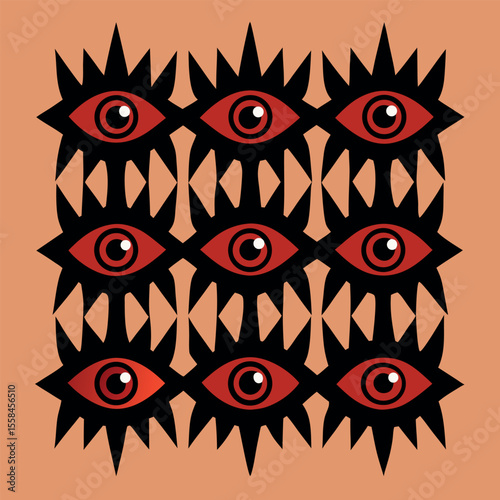 Abstract Vector Eye Pattern: Red, Black, and Burnt Orange