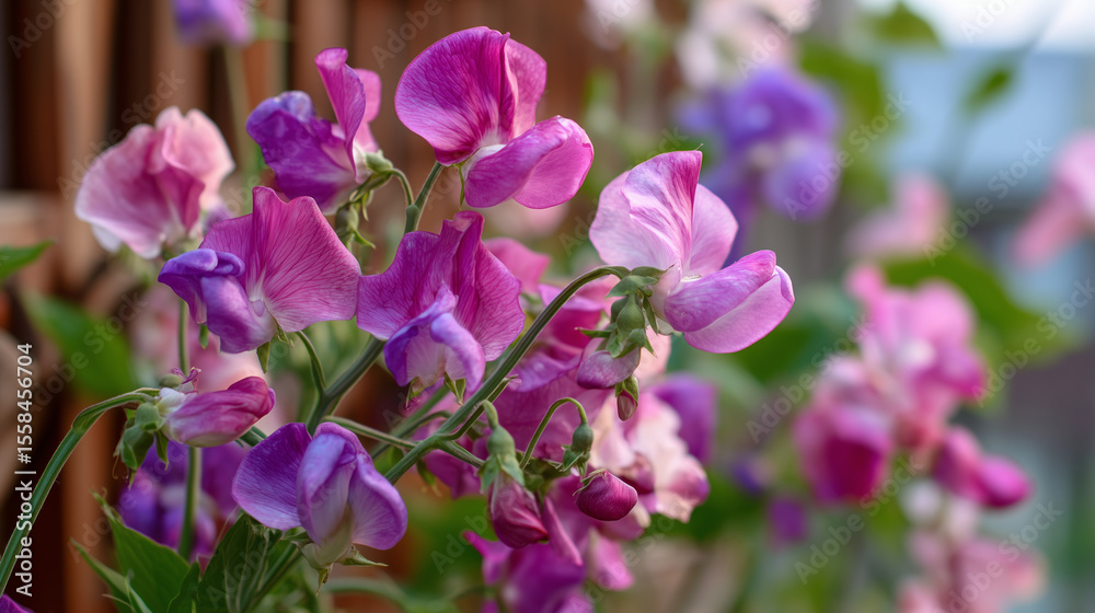 Blooming Sweet Pea Blossoms on Trellis