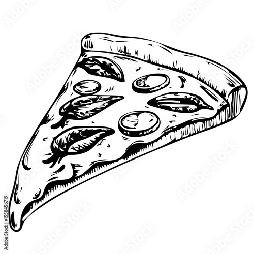 Hand-drawn pizza slice illustration with melted cheese and toppings. Perfect for pizzeria menus, restaurant branding, cafe flyers, and Italian food promotions.