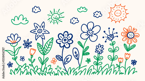 Nostalgic Childish Crayon Floral Seamless Pattern
