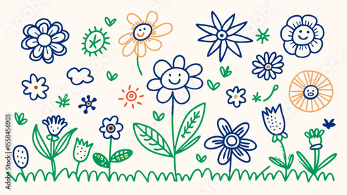 Joyful Childlike Crayon Spring Garden Seamless Pattern