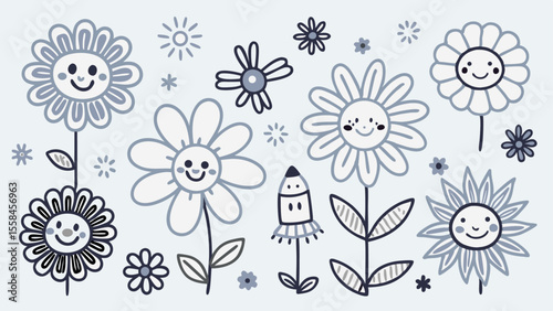 Childlike Crayon Daisy & Grass Seamless Spring Pattern
