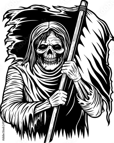 SVG of an undead navy skull blending nautical and eerie undead themes. Grim Reaper Holding Flag in Black and White Drawing Style