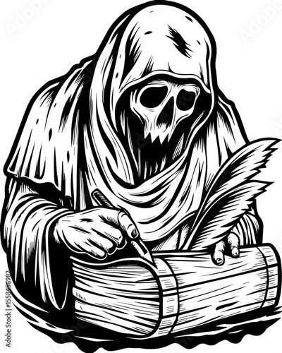 SVG of an undead navy skull blending nautical and eerie undead themes. Grim Reaper Writing in Ancient Scroll with Quill and Ink