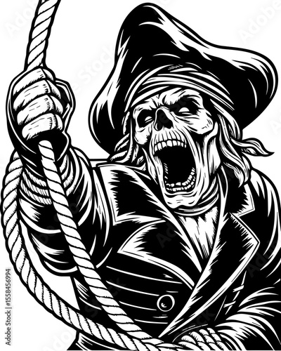 SVG of an undead navy skull blending nautical and eerie undead themes. Fierce Pirate Captain with Skull and Rope in Bold Monochrome Style