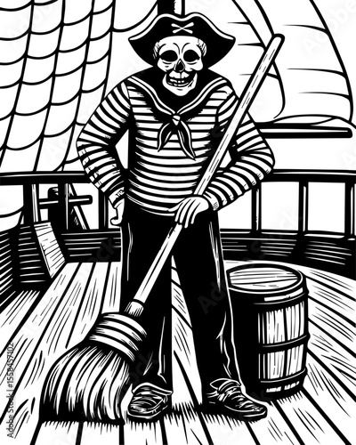 SVG of an undead navy skull blending nautical and eerie undead themes. Skeleton Pirate Sweeping Deck on Old Sailing Ship