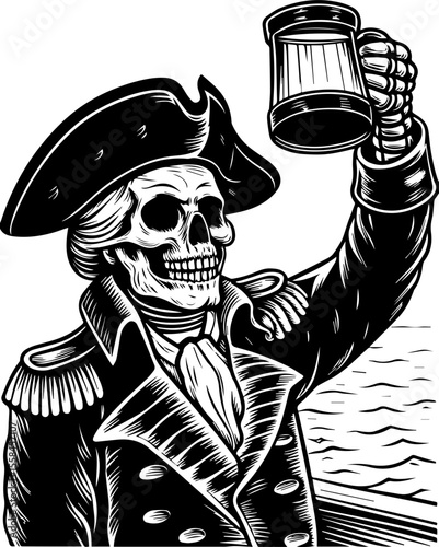 SVG of an undead navy skull blending nautical and eerie undead themes. Skeleton Pirate Raising Mug on Ship with Ocean Background