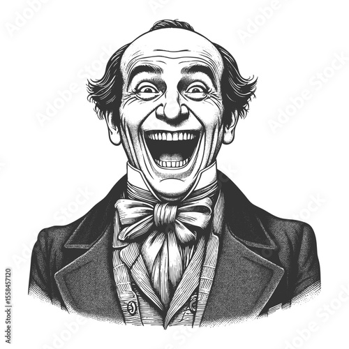 Funny bald man in formal clothing, laughing loudly with a wide open mouth and expressive joy sketch engraving generative ai fictional character vector illustration. Scratch board. Black and white.