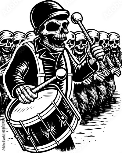 SVG of an undead navy skull blending nautical and eerie undead themes. Skeleton Drummer Leading a Spooky Parade of Dancing Skulls