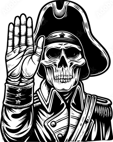 SVG of an undead navy skull blending nautical and eerie undead themes. Skeleton Soldier in Historical Uniform with Hand Raised Gesture