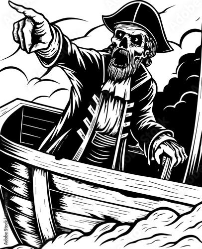 SVG of an undead navy skull blending nautical and eerie undead themes. Vintage Pirate Skeleton in Boat with Dramatic Clouds and Waves