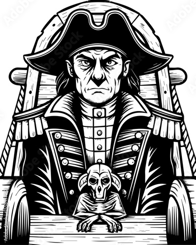 SVG of an undead navy skull blending nautical and eerie undead themes. Captain with Serious Expression and Mysterious Creature Illustration