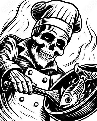 SVG of an undead navy skull blending nautical and eerie undead themes. Skull Chef Cooking Fish in Pan Vintage Black and White Illustration