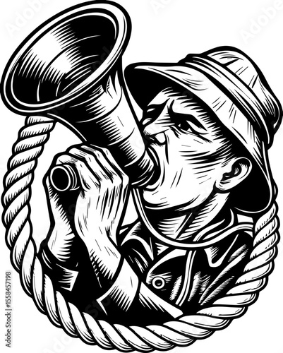 SVG of an undead navy skull blending nautical and eerie undead themes. Vintage Illustration of Man in Hat Shouting Through Megaphone