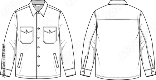 Utility shirt jacket flat sketch, fashion CAD drawing with flap chest pockets, button front, long sleeves, vector apparel illustration design