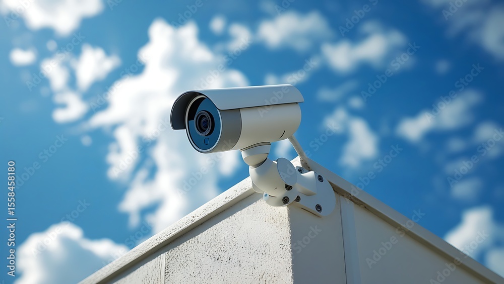 White Security Camera Mounted on Building Corner Against Blue Sky White Security Camera Mounted on Building Corner Against Blue Sky