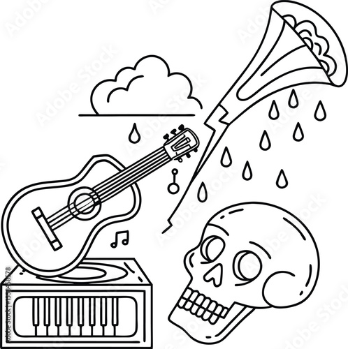 Vintage rock and jazz musical instrument vector illustrations featuring electric and bass guitars, perfect for concert and sound design art
