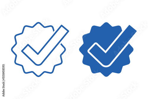 Stamp with a check mark.Completed, approved. Verified badge  social media account. Guaranteed sign. Vector linear icon isolated on white background.