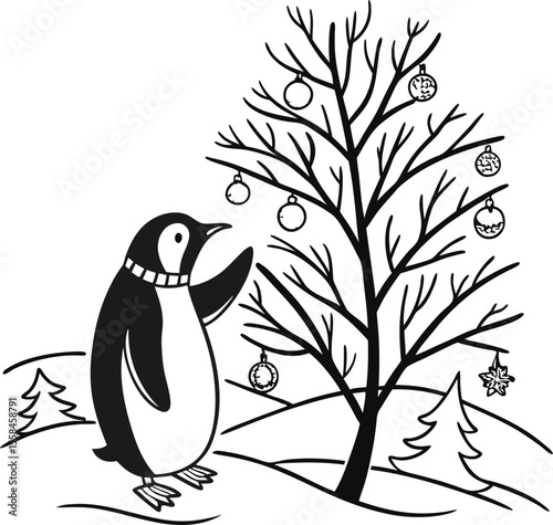 Cute cartoon penguin and bird on a branch, a charming winter animal illustration