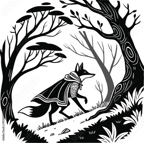 Black and white tribal animal vector illustration of a wolf and cat head, perfect for a wild nature tattoo design or logo