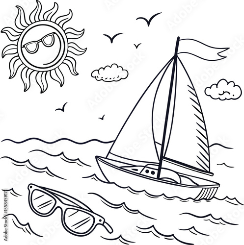 A vibrant vector illustration of a sailing ship on a summer sea, ideal for travel and nautical designs