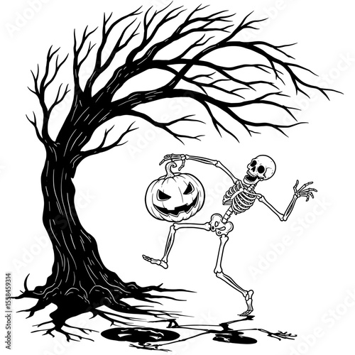 A playful skeleton strikes a dancing pose while holding a carved jack-o'-lantern, standing beside a spooky, leafless tree in a Halloween-themed scene.