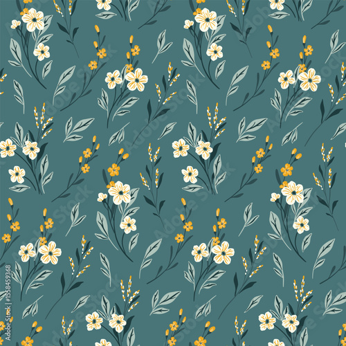 Seamless floral pattern, liberty ditsy print of pretty mini plants on blue field. Botanical design of small hand drawn flowers, tiny leaves, simple wildflower in winter colors. Vector illustration.