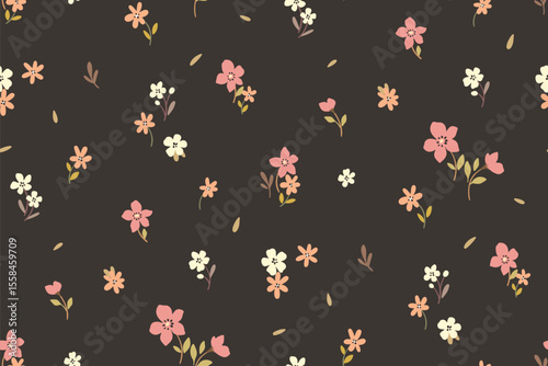 Seamless floral pattern, pretty liberty ditsy print of mini flowers on brown field. Cute botanical design of simple hand drawn plants, small delicate flowers, tiny leaves abstract. Vector illustration
