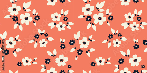 Seamless floral pattern, liberty ditsy print of simple small hand drawn plants in country motif. Pretty botanical design of tiny daisy flowers, leaves, bouquets on red background. Vector illustration.