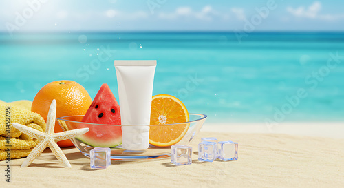 Fototapeta Naklejka Na Ścianę i Meble -  Hydrating and sun-safe beach arrangement: white lotion, fresh fruit, and a clear ocean view.